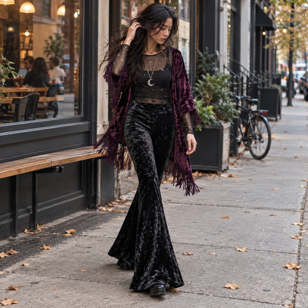 Whimsigoth Witchy Black Crushed Velvet Flare Pants High Waist Bell Bottoms Large